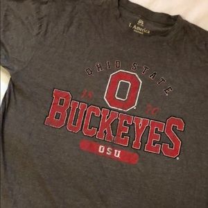 Ohio state T-shirt. 60% cotton, 40% polyester.